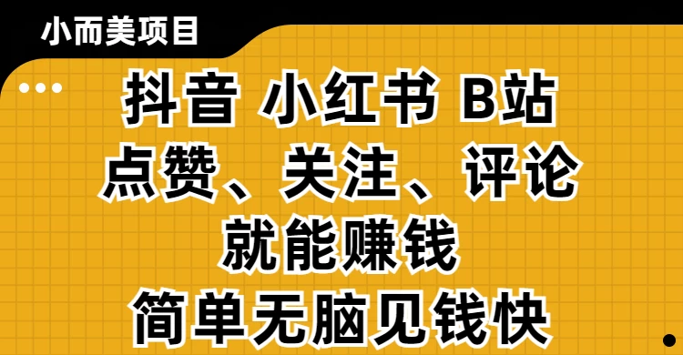 小而美的项目,抖音、小红书、B站视频点赞、关注、评论就能赚钱,简单无脑立见收益!妥妥的零撸项目